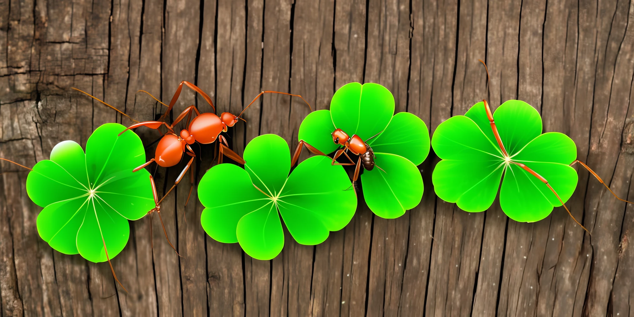 giant ants walking on wood and clover