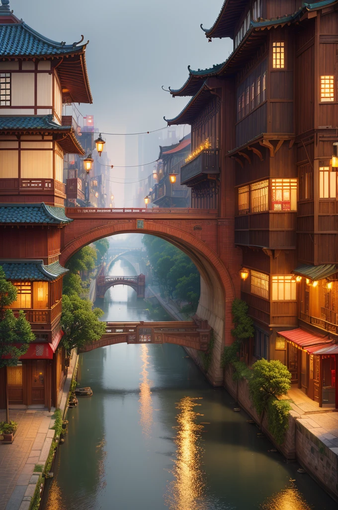 ((masterpiece)), (best quality)), ((high detial)), ((realistic,)) Republican era city, building streets, markets, bridges, rainy days, steampunk, Chinese architecture