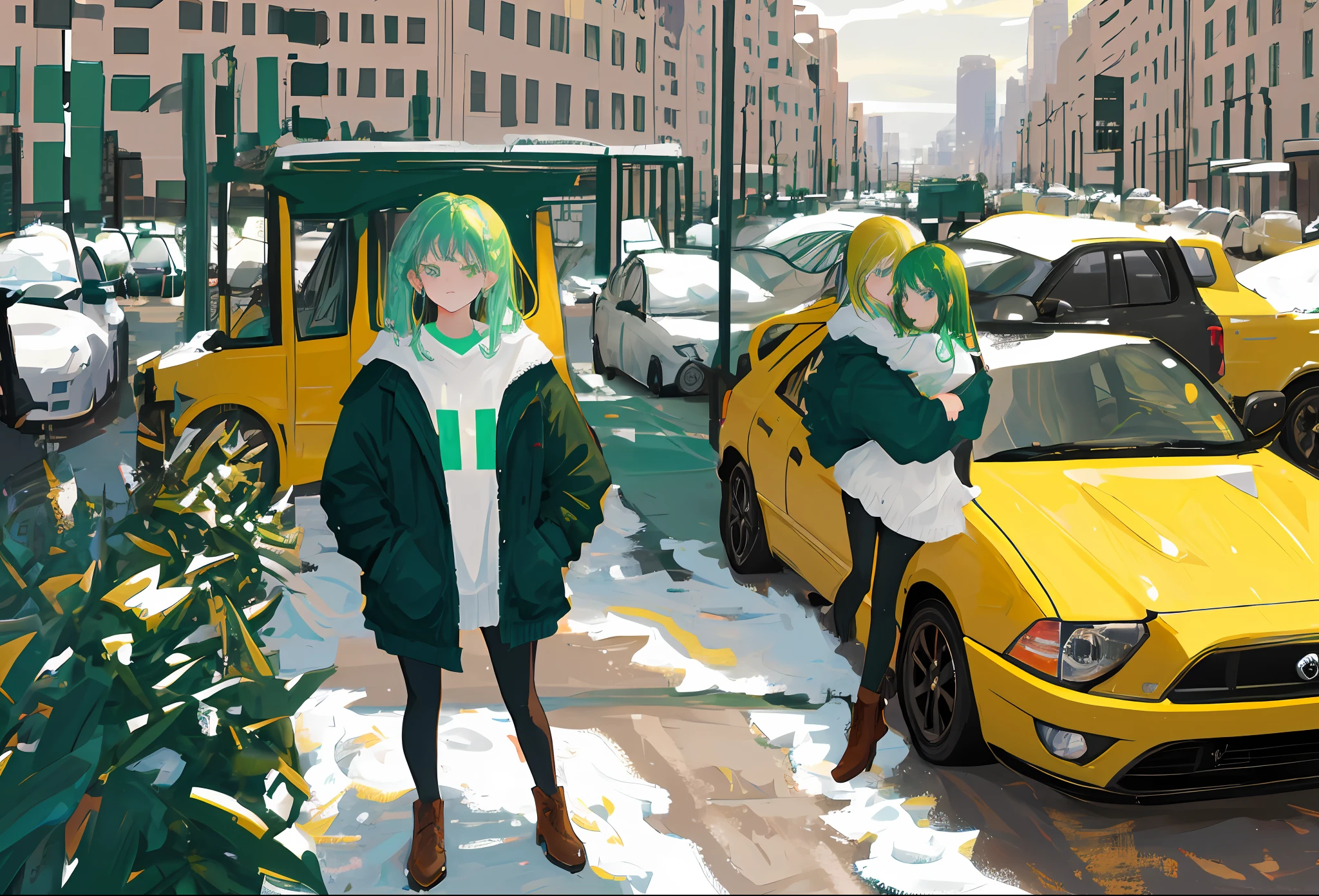 2 girl, hair of any color, green eyes, next to a car, hugs a girl, city
