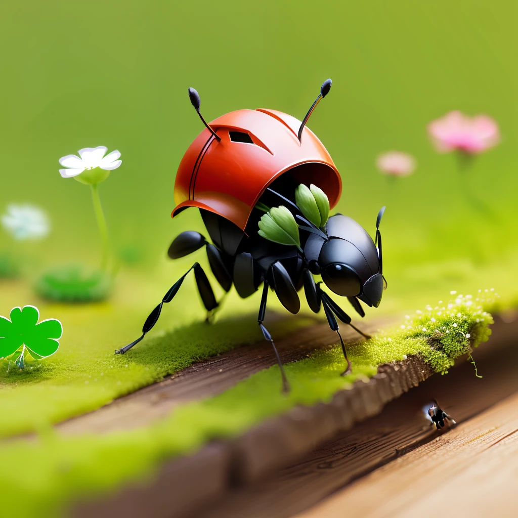 ant with helmet on the head walking on wood and clover