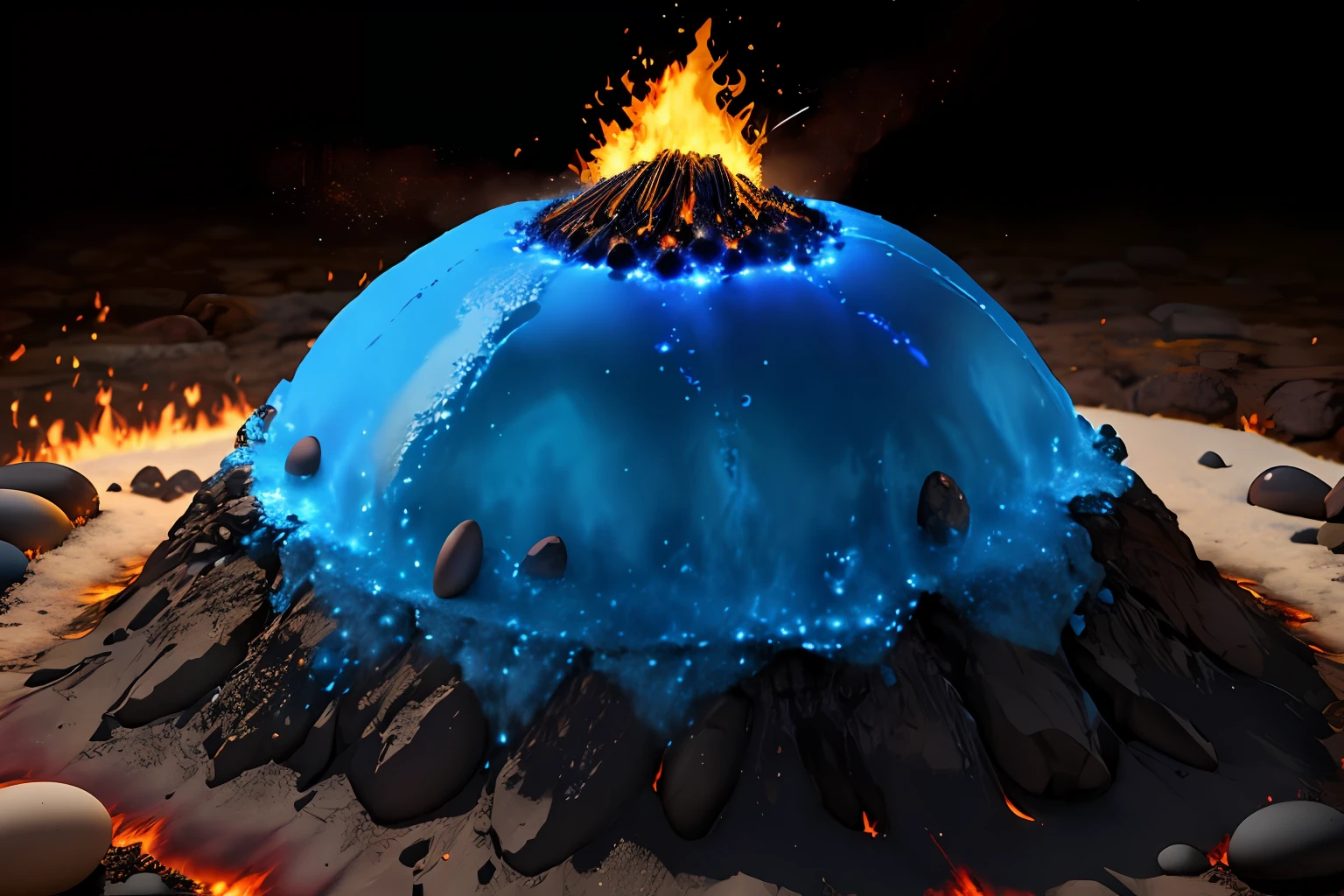 phenix Anthill blue fire, eggs in fire, volcan on the bottom, ciel orageux, 4k, HDR, semi-realistic