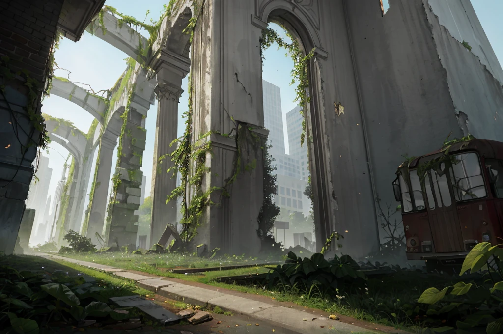 There is a towering tree in the ruins of the city, the city is overgrown with plants, dilapidated cars, real light effects, masterpieces, the best quality, official art, 8k wallpapers, (real: 1), (add more rich details)), breeze, (more realistic shrubs), dilapidated buildings, more dilapidated buildings, ((Tyndall light)), (more details), (8K)