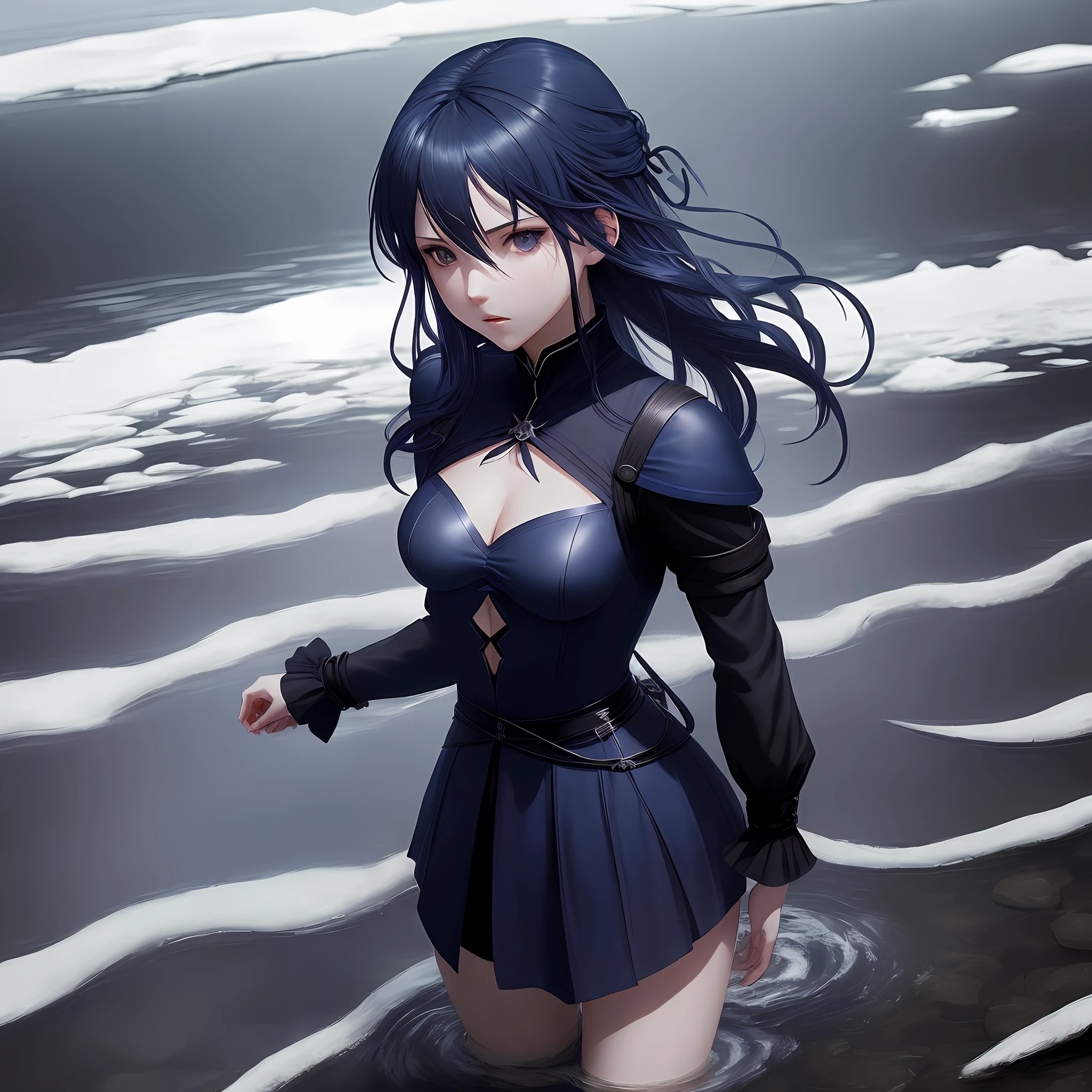 Masterpiece, anime, the famele protagonist of a assassin's game (dark blue tied hair, small breasts, beaultiful, wearing black clothes) in dramatic pose, surreal effects of light and shadows, in a frozen river