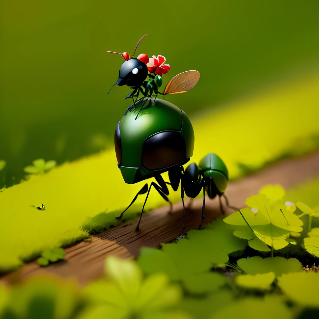 ant with helmet on the head walking on wood and clover