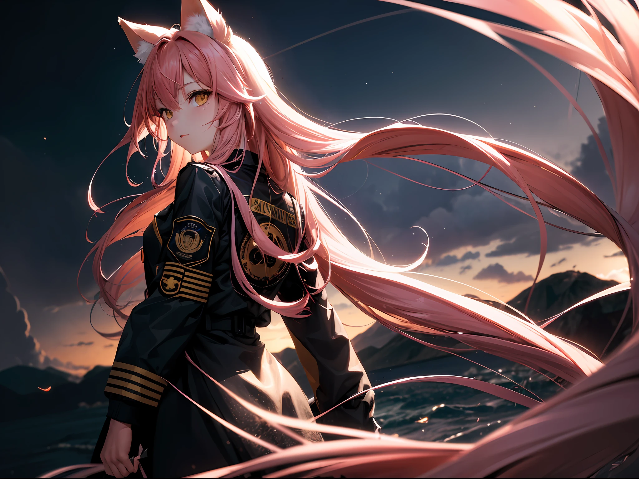 (best quality:1.3),(masterpiece:1.1), (best quality:1.3),(masterpiece:1.1),1girl , focus on color , 1 girl , looking back , pink fox ears , pink hair , long hair , yellow eyes mixed with red , hair contrasting with sunlight , tangled hair flying in the wind horizontally , special forces uniforms, ( white , black ),full body, shiny skin,