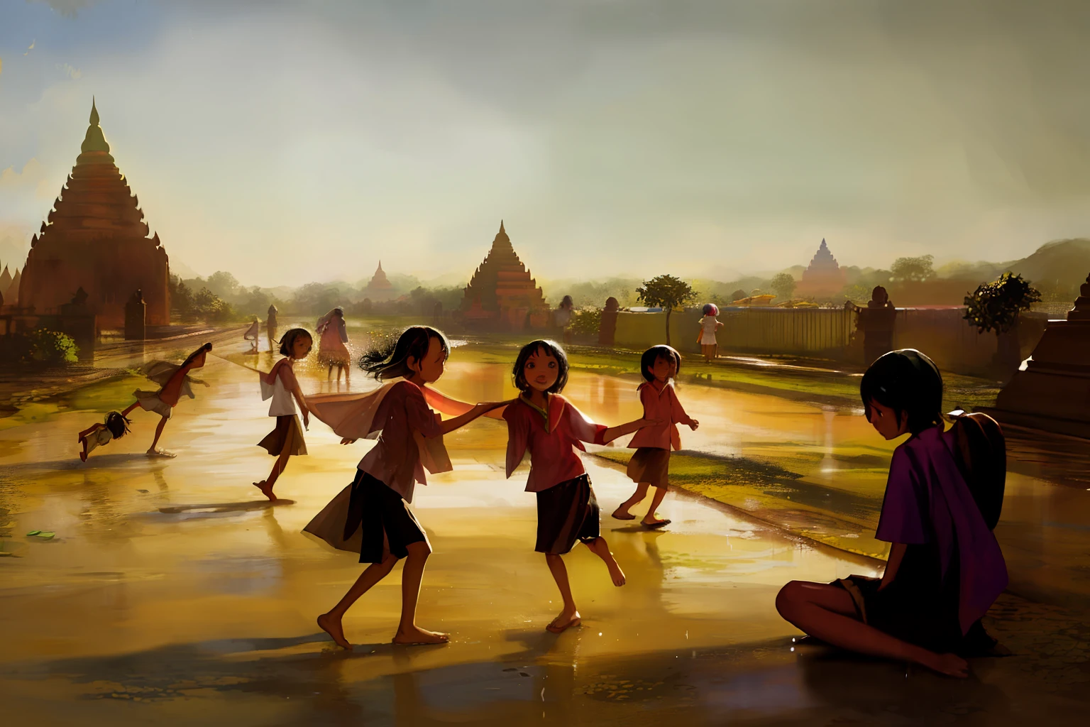 Burmese children playing in the rain at Bagan
