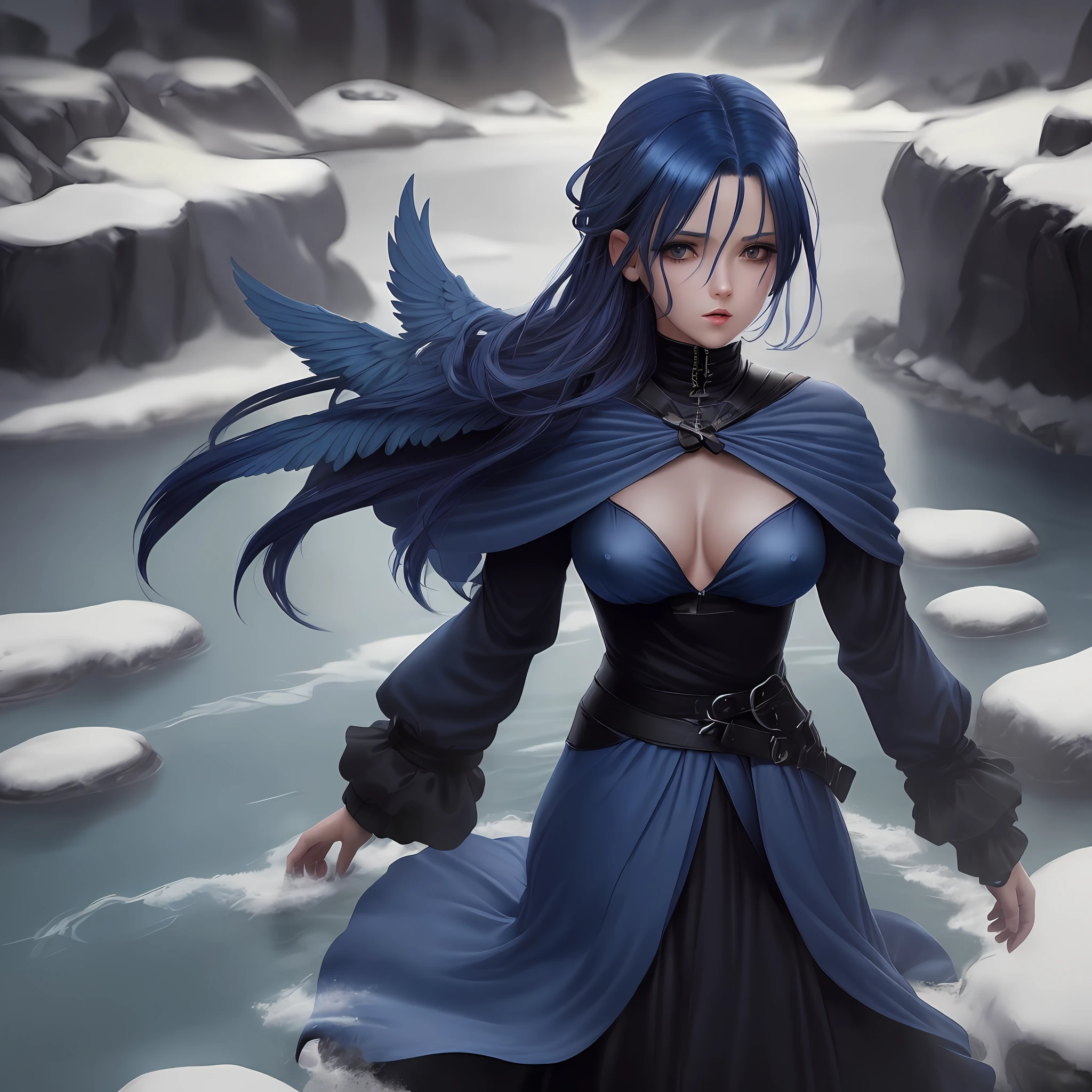 The female angel of death (small boobs, dark-blue hair), obra prima, anime, luzes e sombras dramáticas,