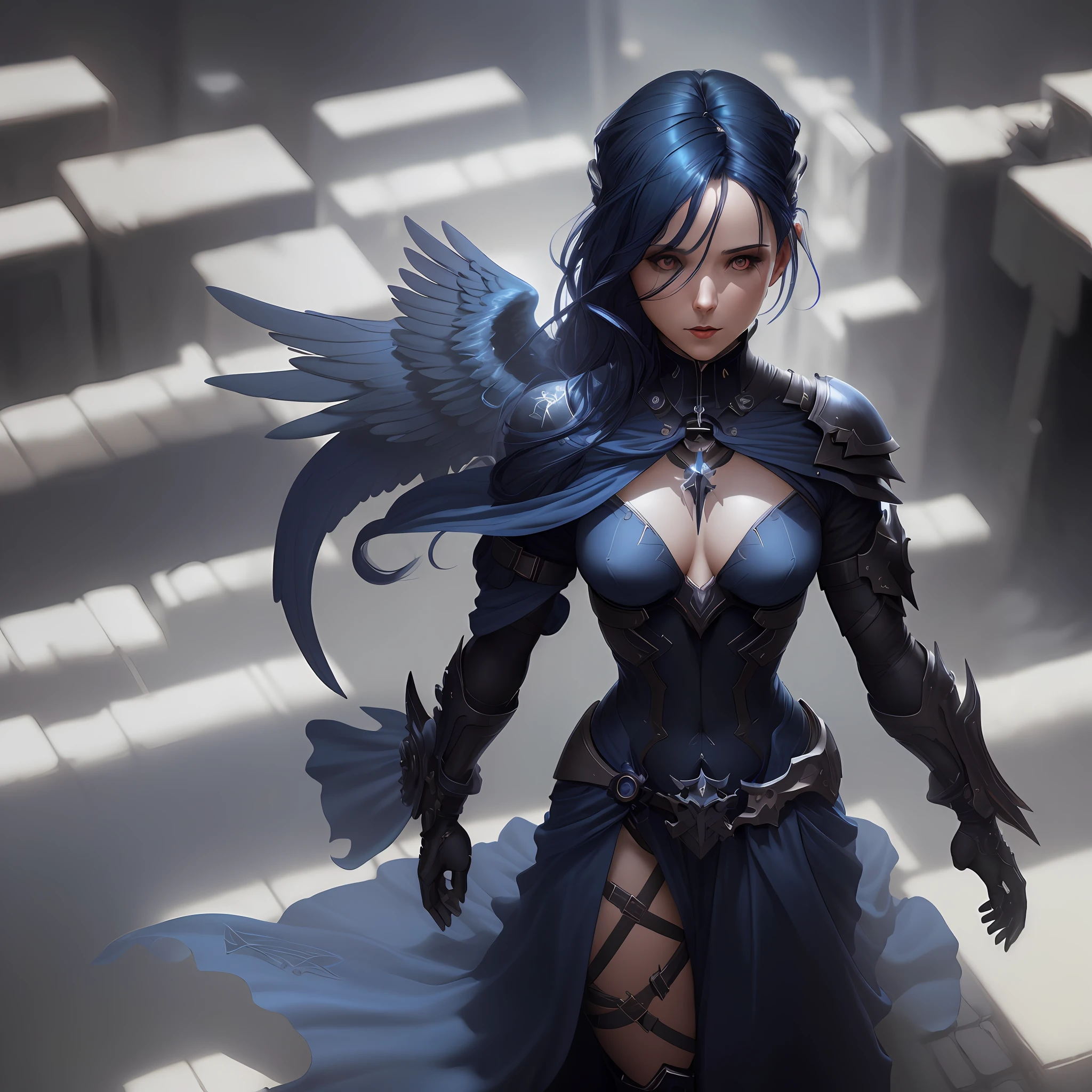 The female angel of death (small breasts, dark blue hair), masterpiece, best quality, (extremely detailed unity 8k CG wallpaper), (best quality), (best illustration), (best shadow), absurdities, realistic lighting, (Abyss), beautiful detailed brightness, art by PeterMohrBacher,