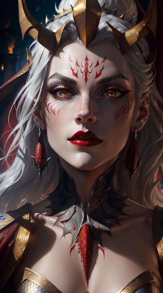 Solo, close-up, symmetry, a female magician (Kristen Stewart, wearing a long-horned crown, long golden hair shawl, golden pupils, red eyes, golden eyebrows, silver armor, silver breastplate, silver shiny dragon scales on cheeks, silver tattoos on the forehead, shiny, There is some black eyeliner at the corners of the eyes, The red lips look intimidating and majestic, and the chin is sharp and prominent, Confidence and majesty, red scales long cape, intimidating, dark red lipstick, tall figure, charming, mythological style, dragon scales, scales, Evil), complex background (medieval fantasy style, burning castle, blood red sky), facial detail (1.3) eye detail, cinematic lighting, panorama, projected inset, UHD, masterpiece, (best quality), (best illustration), (best shadow), ccurate, textured skin, high quality, high details, super detail, award winning, best quality, highres, anatomically correct, 8k, close-up, backlighting, metallic texture