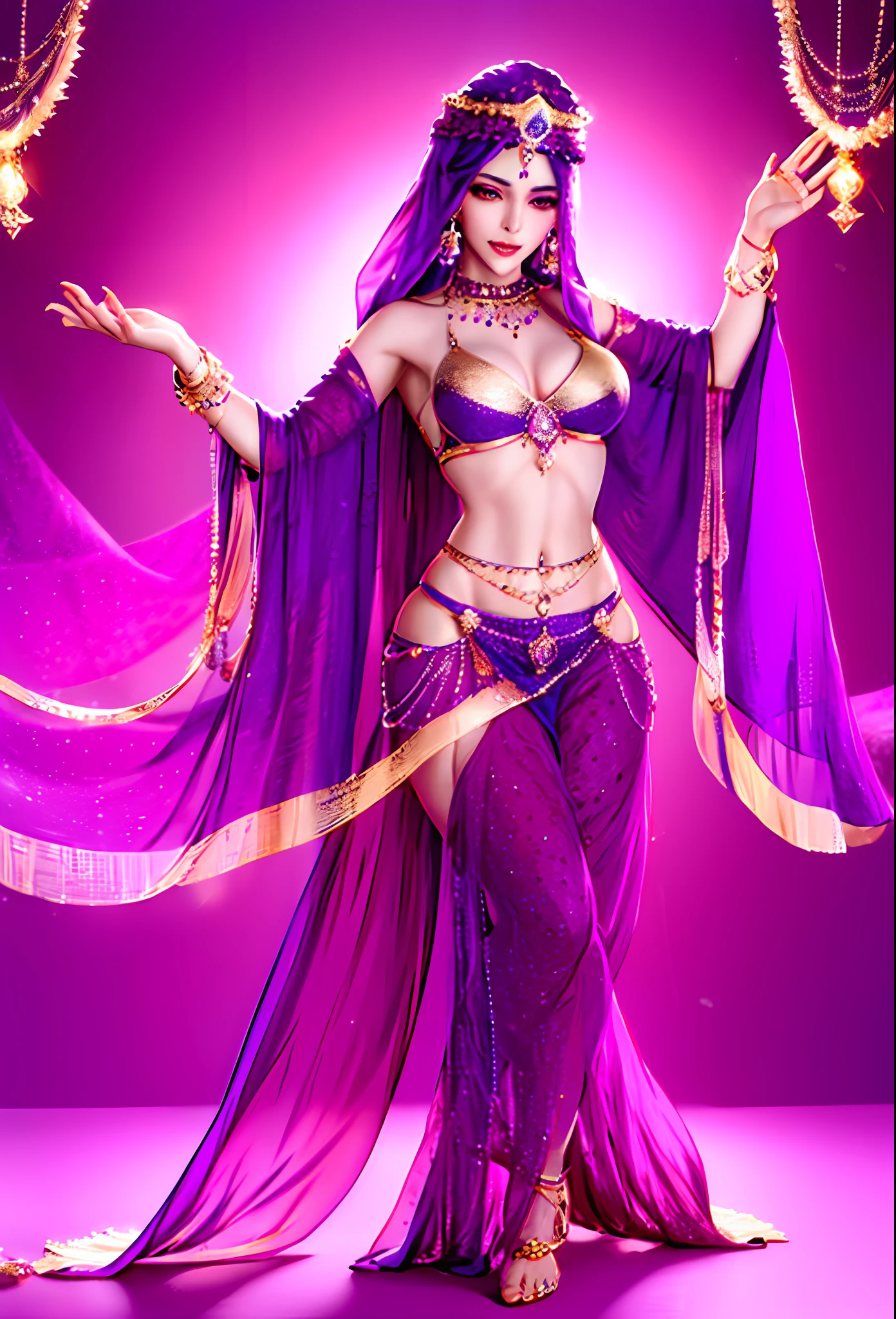 Aravi Belly Dancer, Purple Gaze, Cloak and Gold Jewelry, Jeweled Costume, Light Background, Atmospheric Stage, High Quality Costume, High Quality Rendering, Beautiful Costume, Arabian Princess, Aesthetic !!!!!! Queen, delicate face shape, beautiful eyes, exotic costume, beautiful real girl, fair skin, elegant belly dance pose, belly dance, queen of Persia, exquisite rendering