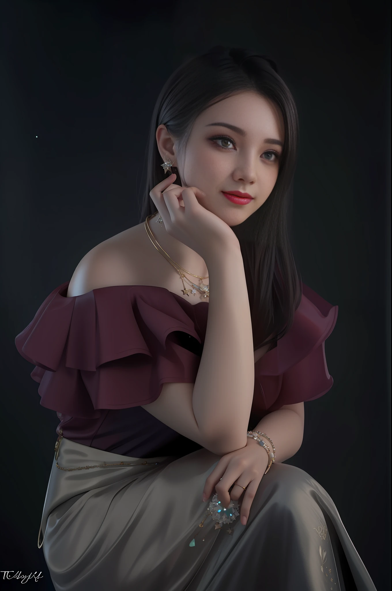 best quality, masterpiece, highres, 1girl,blush,(seductive smile:0.8),star-shaped pupils,necklace, jewelry,Beautiful face,upon_body, tyndall effect,photorealistic, dark studio, rim lighting, two tone lighting,(high detailed skin:1.2), 8k uhd, dslr, soft lighting, high quality, volumetric lighting, candid, Photograph, high resolution, 4k, 8k, Bokeh,beautiful dress