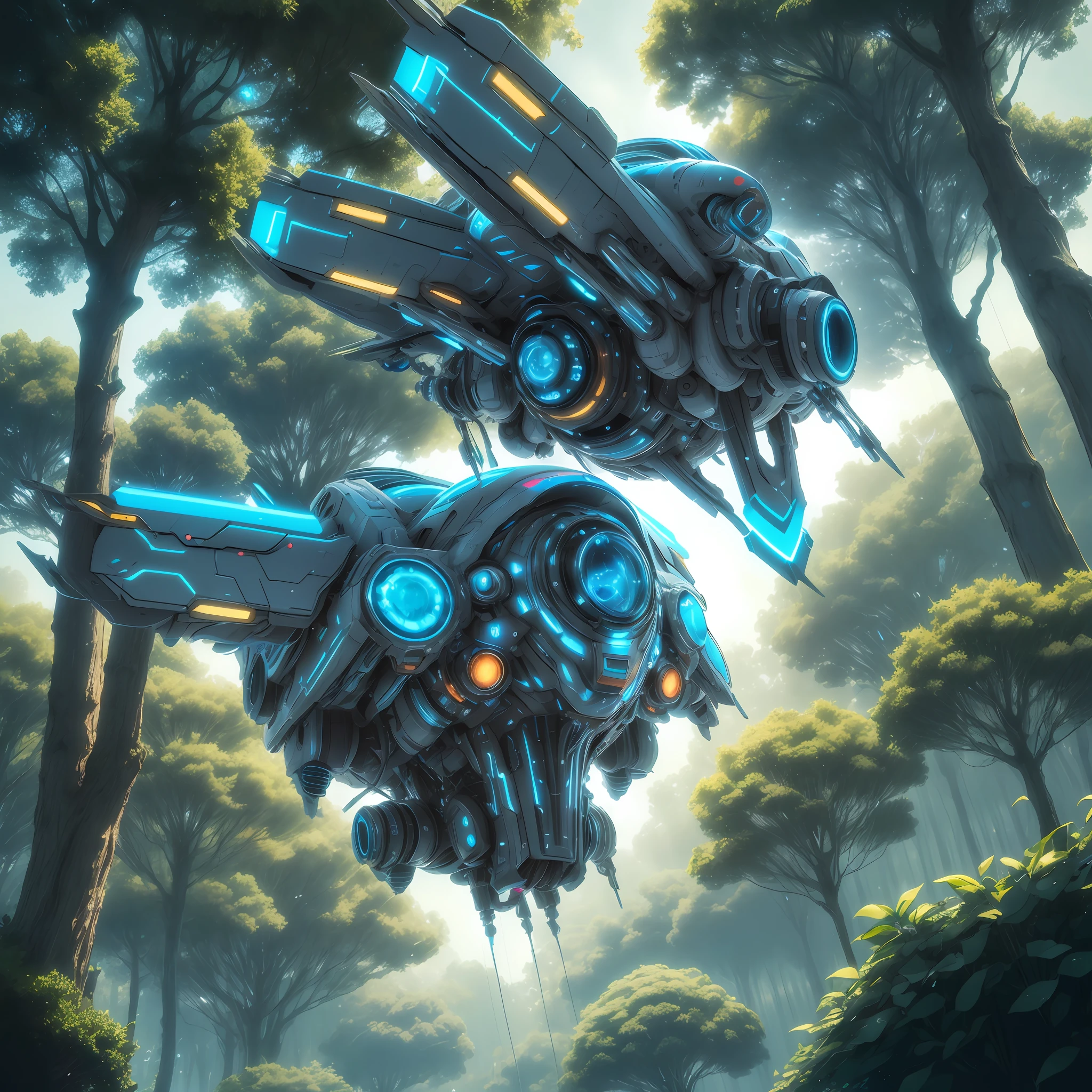 water style sp4c3sh1p flying through the trees, orbiting, floating, cinematic gravity