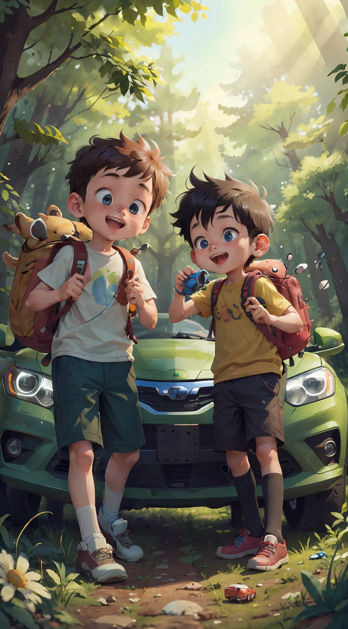 (SFW), two boys playing with cars, spring outing, happy, backpack on back, car toy in hand, forest in the background, perfect quality, clear focus, colorful, perfect face, intricate details, ultra-low viewing angle, wide angle lens