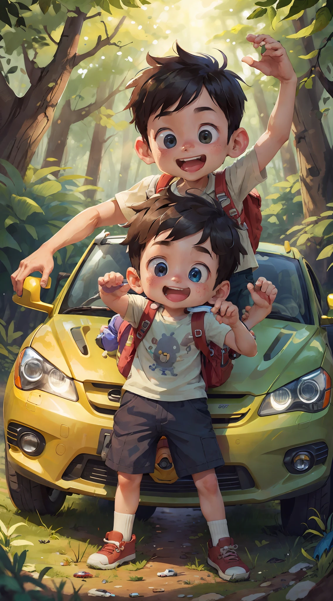 (SFW), two boys playing with cars, spring outing, happy, backpack on back, car toy in hand, forest in the background, perfect quality, clear focus, colorful, perfect face, intricate details, ultra-low viewing angle, wide angle lens