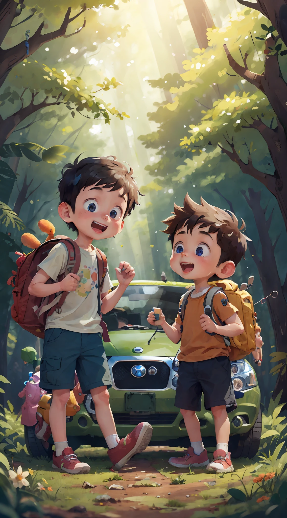 (SFW), two boys playing with cars, spring outing, happy, backpack on back, car toy in hand, forest in the background, perfect quality, clear focus, colorful, perfect face, intricate details, ultra-low viewing angle, wide angle lens