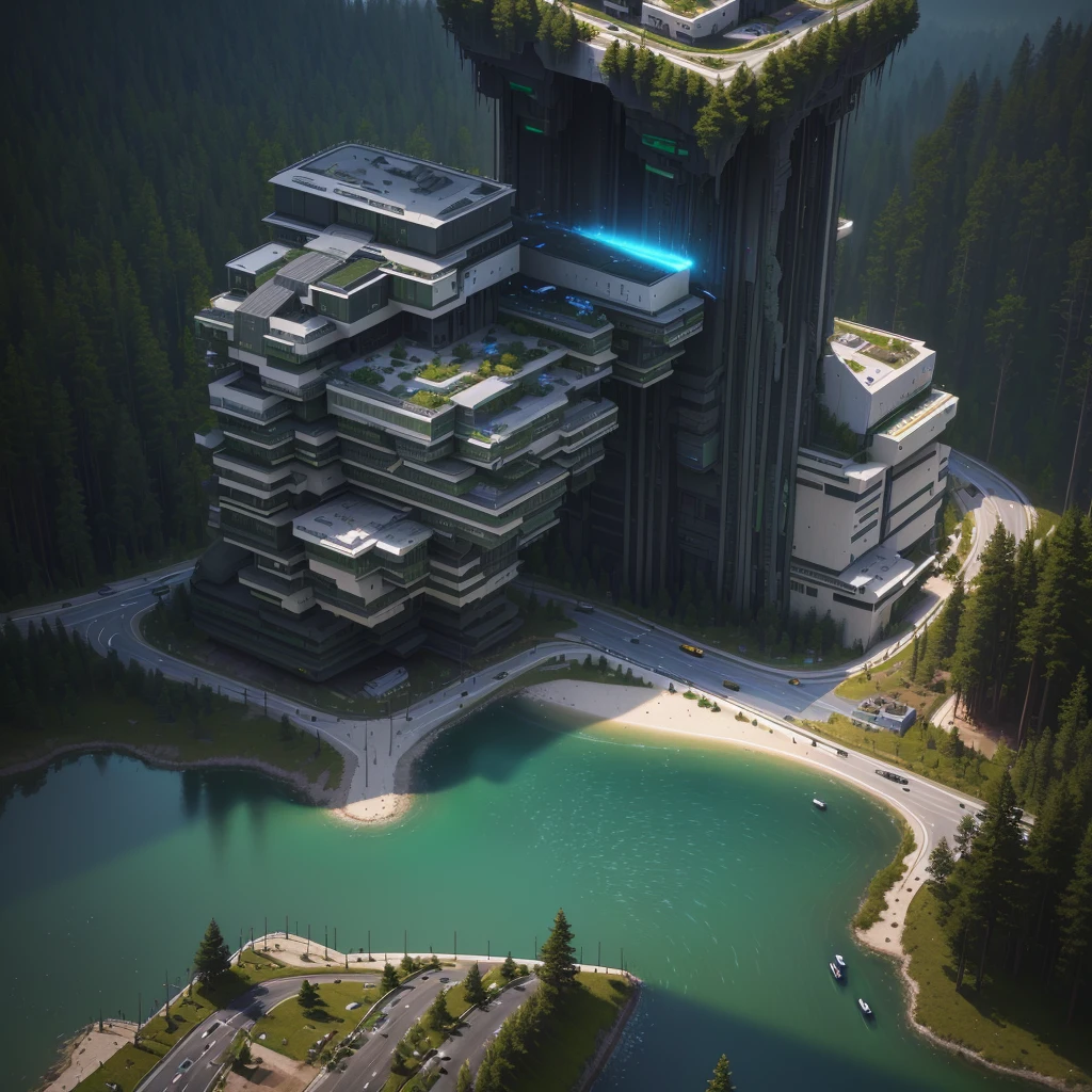 There is a foundation with a lot of roads on it, car shuttles, developed overpasses, roads, highways, pine forests, forests, 3D rendering Beeple, Beeple rendering, concept art highly detailed, realistic painting of the complex, in the art style of Filip Hodas, rendered in Unreal 5, super detailed! , futuristic outpost architecture, highly realistic detail, highly detailed composition, Beeple |