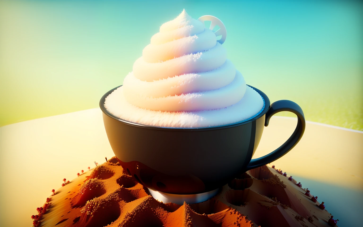 an anthill made from cup mill bobba design,with whip cream,cherry,animation,3D,upscales