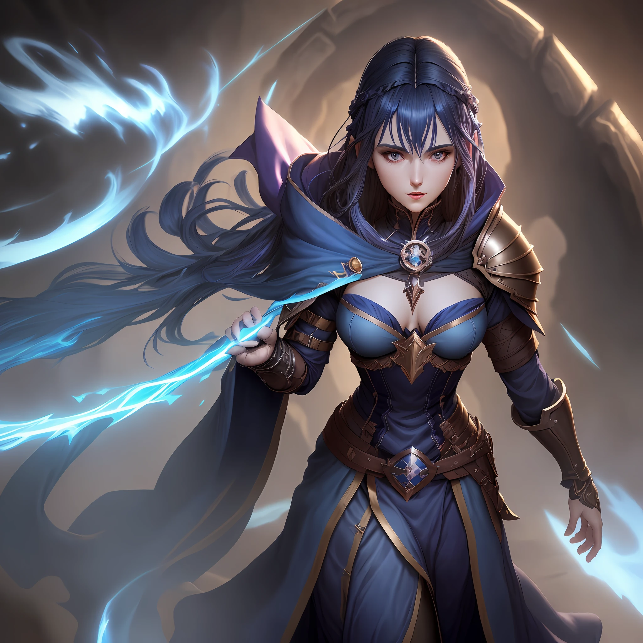 The female magus from Pathfinder rpg(small breasts, dark blue hair), masterpiece, best quality, (extremely detailed 8k unity CG wallpaper), (best quality), (best illustration), (best shadow), absurdities, realistic lighting, (Abyss), beautiful detailed brightness,
