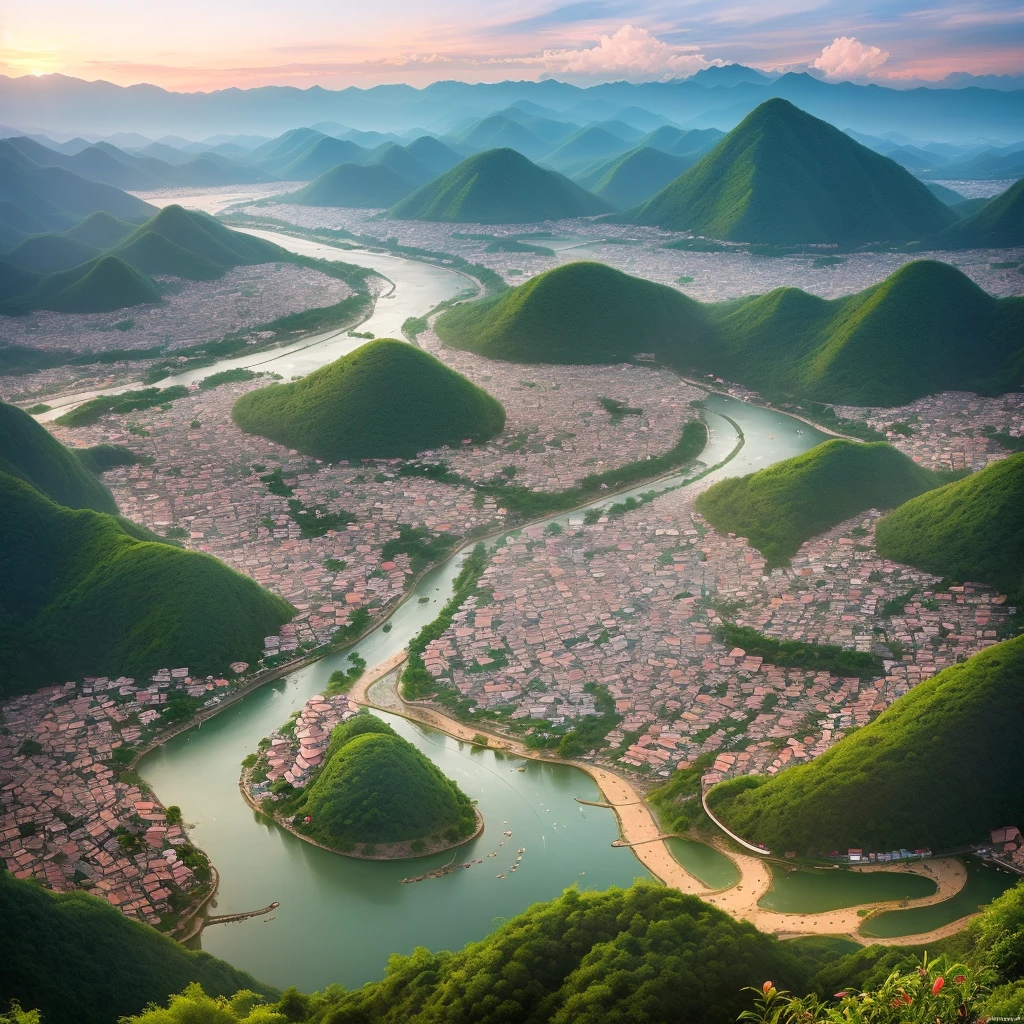 The city of Yen Bai, Vietnam, with rivers and mountains and hills, seen from above, sunrise