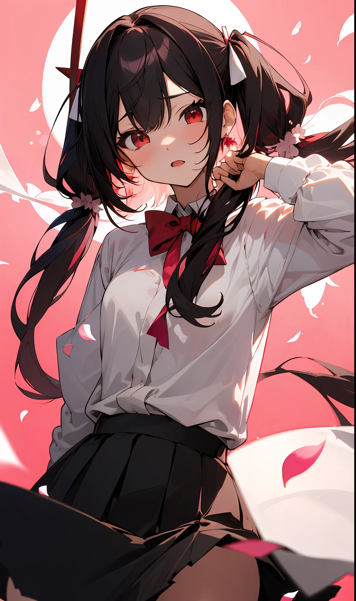 mihari, onimai, (masterpiece, best quality),a girl, solo, twintails, shirt, skirt, petals, bowtie, earrings, jewelry, bangs, black hair, hair ornament, hair ribbon, red ribbon, red eyes, long hair, open mouth, white shirt, multicolored hair, black skirt, red hair, long sleeves, pink bowtie, hair between eyes, looking at viewer, collared shirt, upper body, hand up, falling petals, depth of field, strong bloom, red background