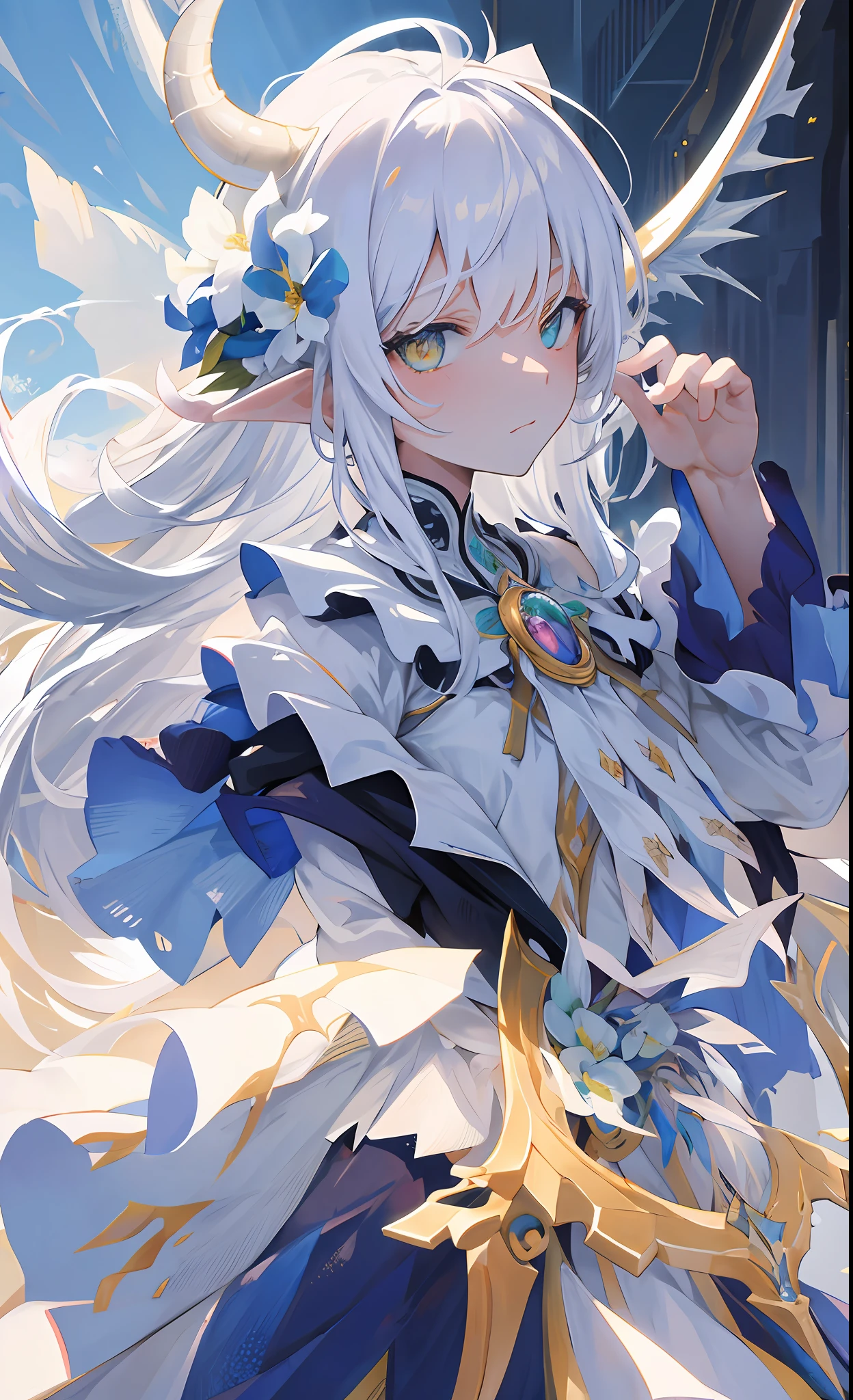 (Masterwork), (Extreme), (Extremely Fine), White Dew, Face to Face, Watcher, Dragon Tail 1, Horn 2, Upper Body, Flower, Flowing Light, Cloudy Sky,