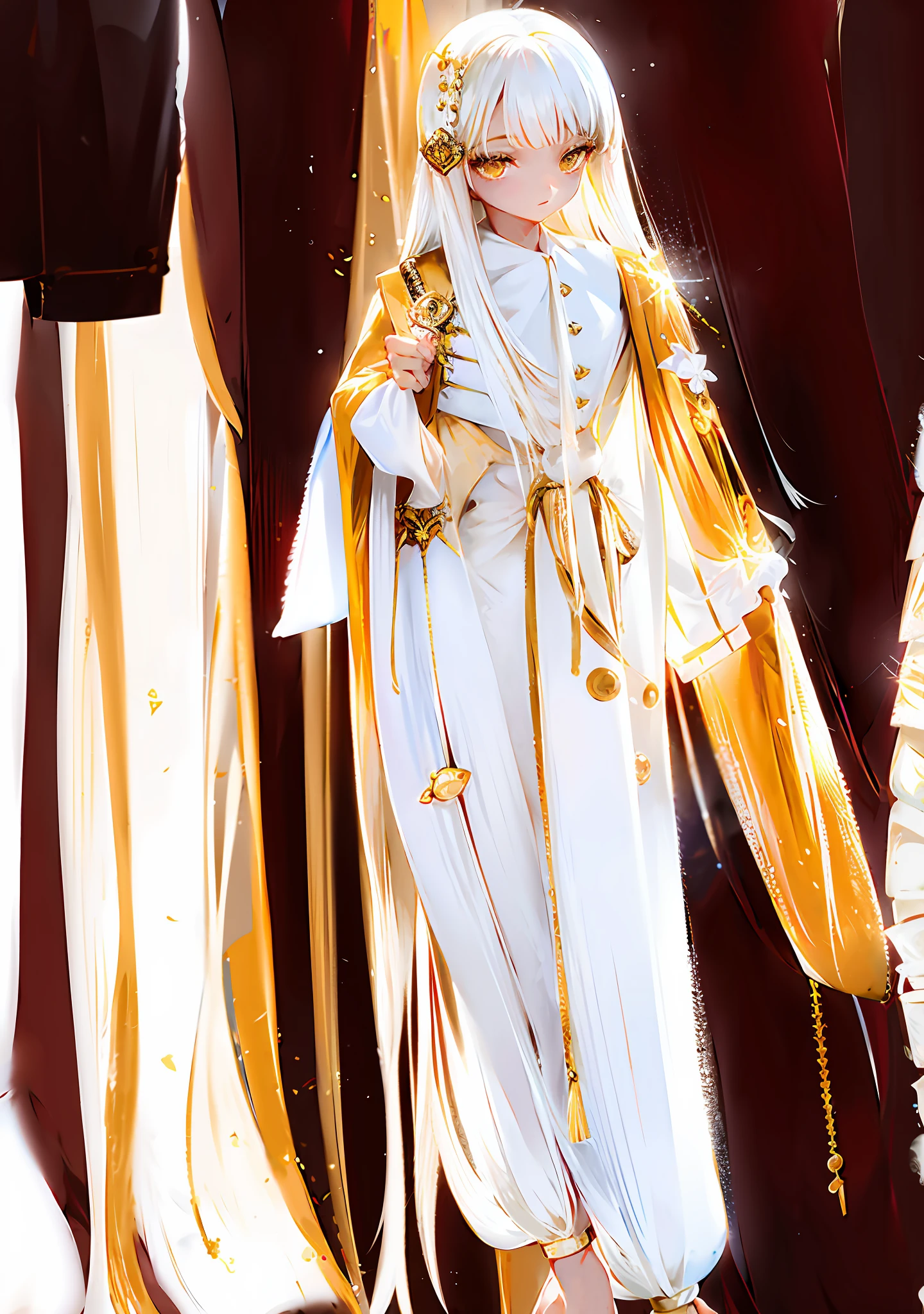 Princess clothes of gold coins her feet in a pool of chocolate White hair, and long clothes, yellow eyes, the best clarity, very clear, many chocolates in her hand a piece of coco her clothes in pieces of cocoa and behind her a prince in a tuxedo suit