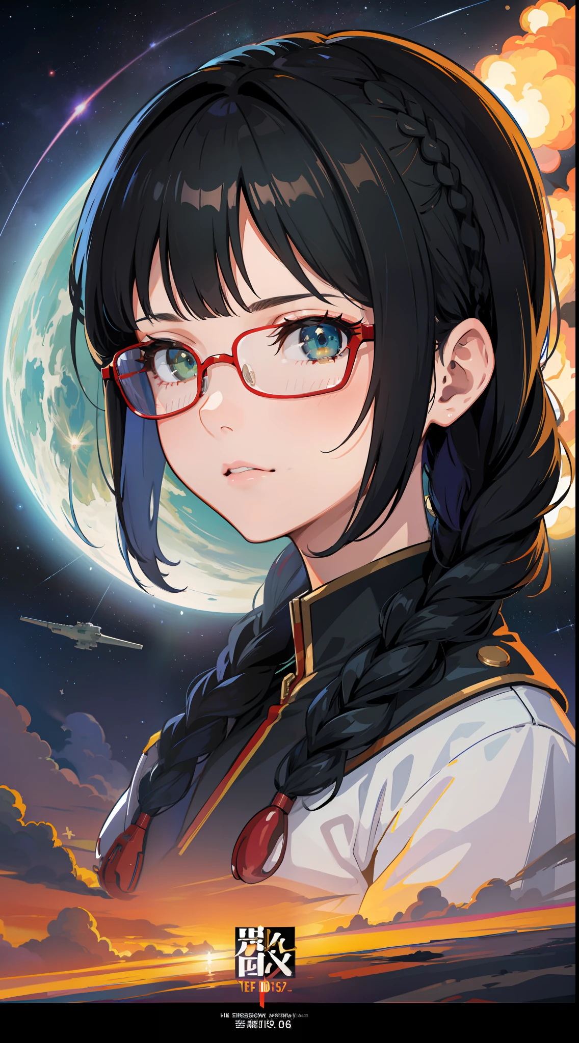 Movie Poster,((Braid Hairstyle : 1.5)),Anime Reference 86 ,Science Fiction,Sci-Fi,Movies,War Action Movies,Space,Atmosphere,Sky,Battleship,Multiple Characters,Women,Adults,Green Eyes,Black Hair,(Pia bangs hairstyle) : 1.8 ),(Red Glasses),General Uniform,White Commander Uniform,Realistic Face Details,Realism,3D Face,