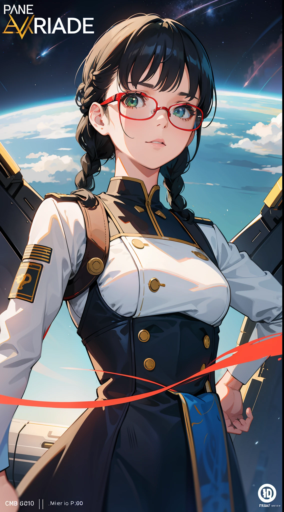 Movie Poster,((Braid Hairstyle : 1.5)),Anime Reference 86 ,Science Fiction,Sci-Fi,Movies,War Action Movies,Space,Atmosphere,Sky,Battleship,Multiple Characters,Women,Adults,Green Eyes,Black Hair,(Pia bangs hairstyle) : 1.8 ),(Red Glasses),General Uniform,White Commander Uniform,Realistic Face Details,Realism,3D Face,