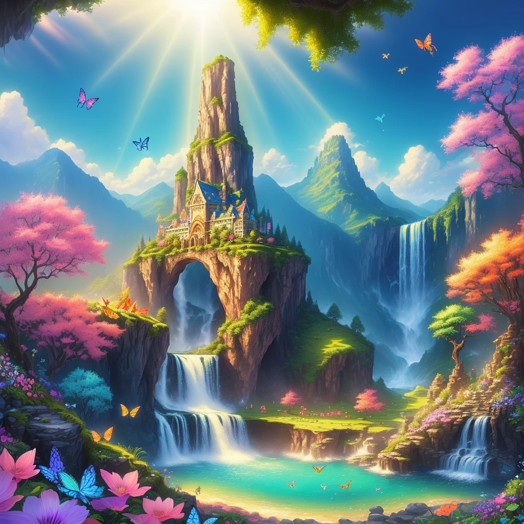 (extremely detailed masterpiece), fantasy landscape, colorful birds, colorful butterflies, vivid flowers, waterfall made of small diamonds, glitter under the rays of the sun, high saturation, wide shot.