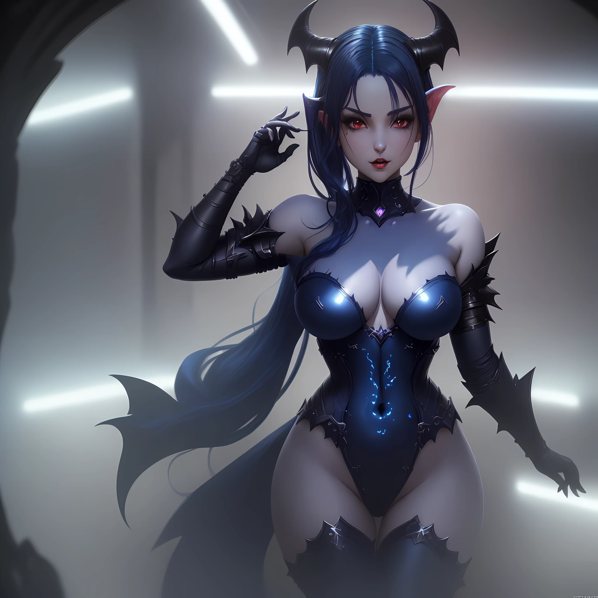 A female succubus (small breasts, dark blue hair), masterpiece, best quality, (extremely detailed unity 8k CG wallpaper), (best quality), (best illustration), (best shadow), absurdities, realistic lighting, (Abyss), beautiful detailed brightness,