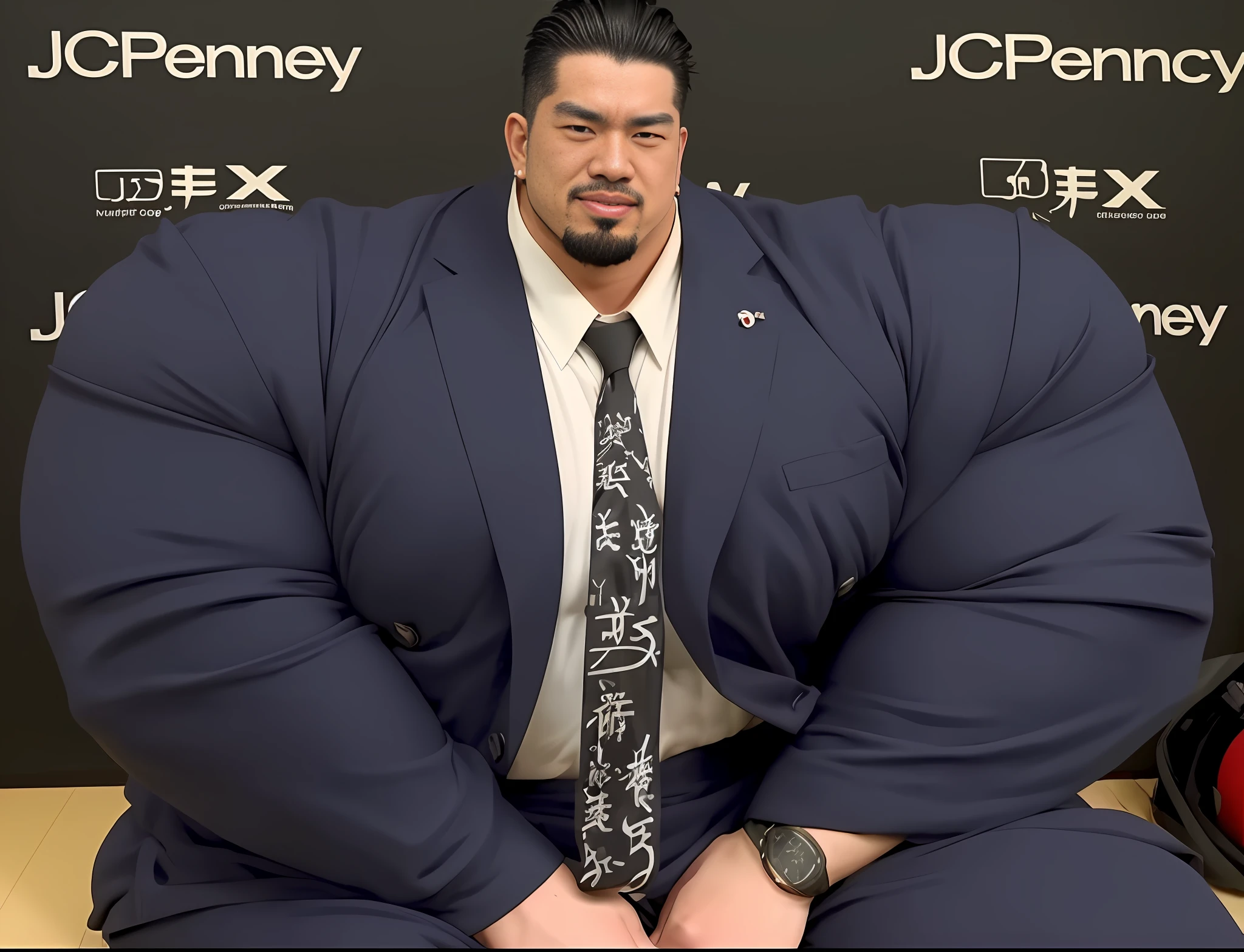 A close up photo of yami sukehiro, muscular, huge muscles, hyper muscles, goatee, black hair