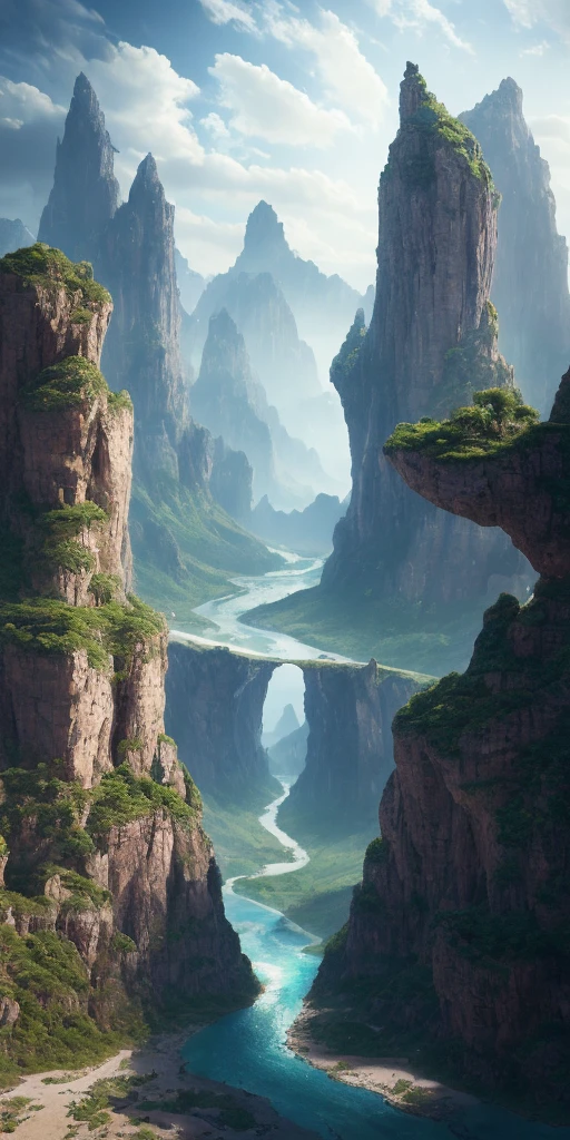 Masterpiece, best quality, high quality, extremely detailed CG unity 8k wallpaper, landscape, outdoor, sky, cloud, sky, no humans, mountain, landscape, water, tree, blue sky, waterfall, cliff, nature, lake, river , cloudy skies, award winning photography, bokeh, depth of field, HDR, bloom, chromatic aberration, photorealism, very detailed, trending on artstation, trending on CGsociety, intricate, high detail, dramatic, midjourney art