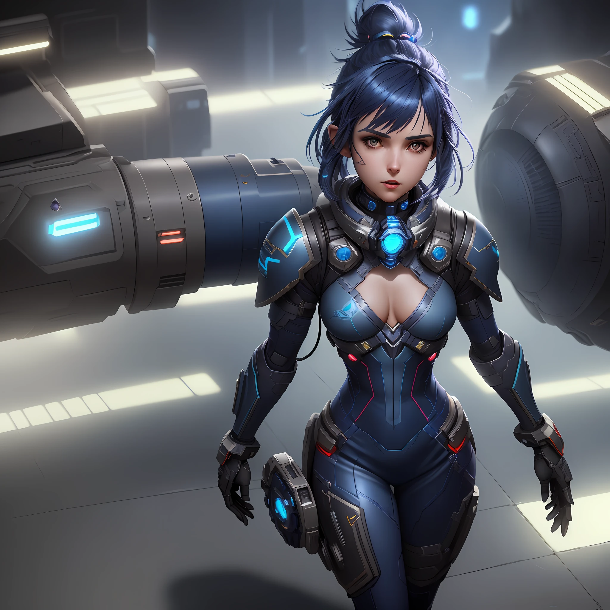 A female protagonist of a starfinder game (small breasts, dark blue hair), masterpiece, best quality, (extremely detailed unity 8k CG wallpaper), (best quality), (best illustration), (best shadow), absurdities, realistic lighting, (Abyss), beautiful detailed brightness,