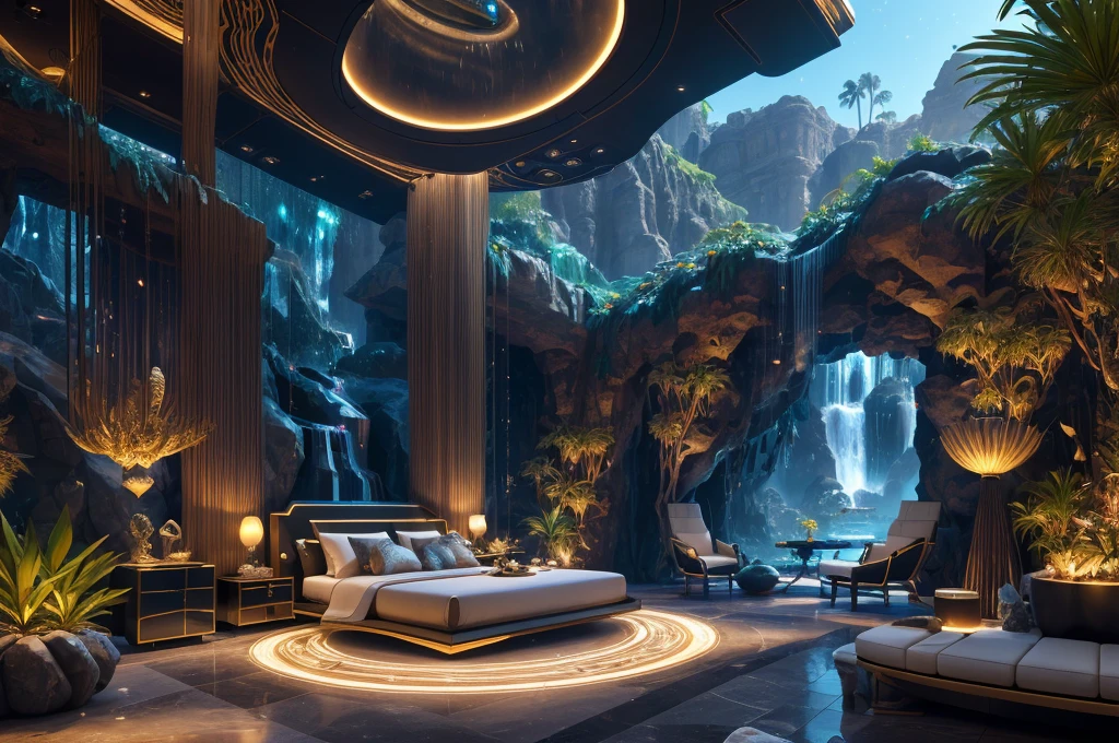 incredible luxurious futuristic bedroom interior in Ancient Egyptian style with many ((lush plants)) (lotus flowers), ((palm trees)), rocky walls, (sand), ((waterfalls)) (marble), ((precious minerals)), ((metals)), (gemstones), crystals, clouds and ((water)), (futuristic luxury furniture), ((plants made out of gemstones and precious minerals)), crocodiles, (hieroglyphics), (((ultra luxury))), (black marble) – with ((beautiful lights)), Unreal Engine, HQ, 16k