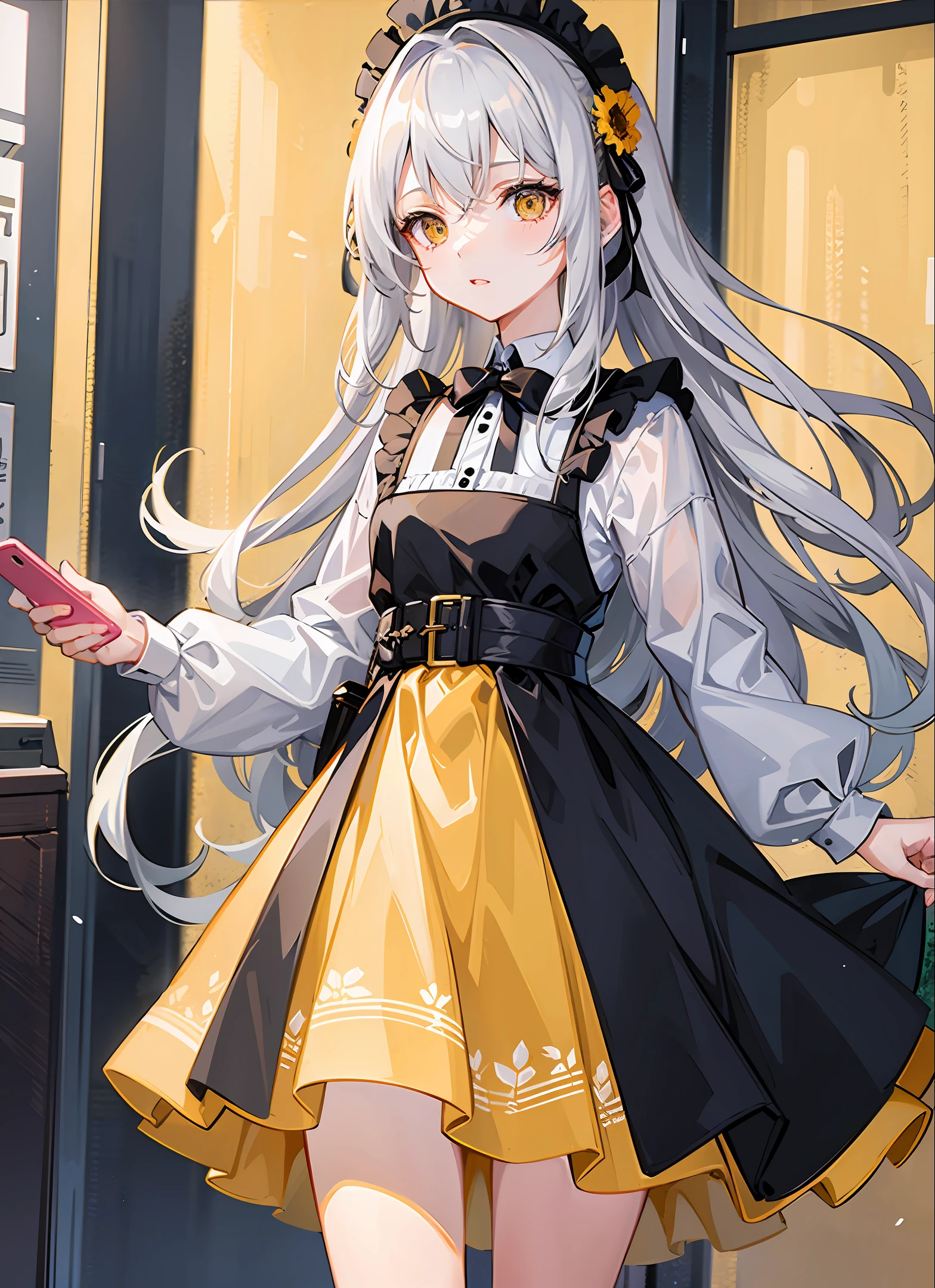 the portrait of a girl looking far away, dressing yellow👗, with silver hair, a smartphone in one hand, a small red scar on her face, flower field, anime, 4k.