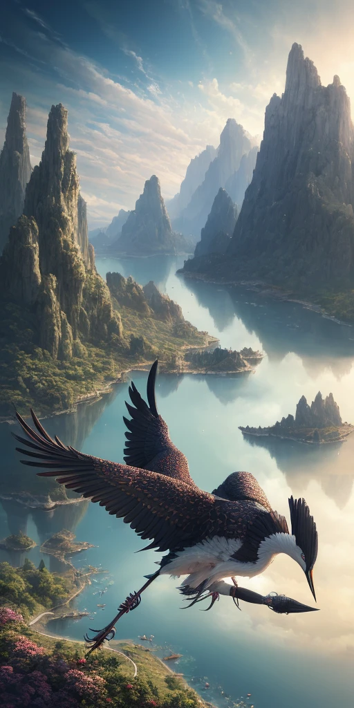 Masterpiece, best quality, high quality, extremely detailed CG unity 8k wallpaper, landscape, outdoor, sky, clouds, sky, no humans, mountains, landscape, water, trees, blue sky, waterfall, cliff, nature, lake, river, cloudy sky, award winning photography, background blur, depth of field, HDR, bloom, chromatic aberration, realism, very detailed, trends on artstation, trends on CGsociety, intricacies, high detail, drama, midway art, cranes flying