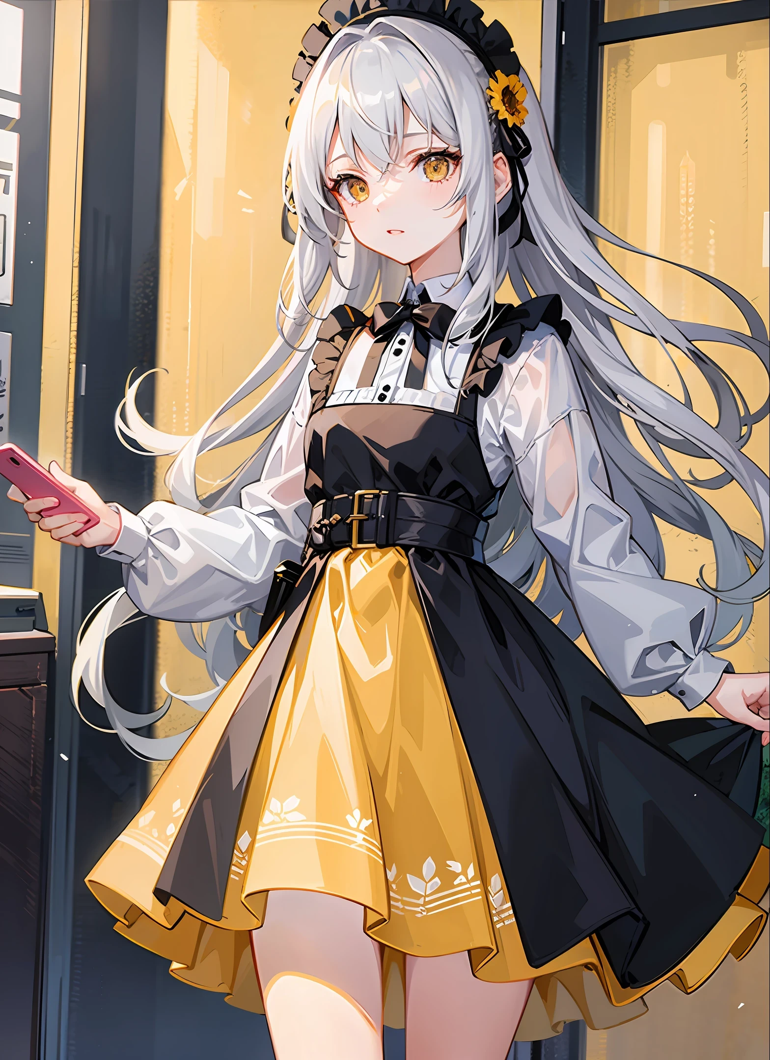 the portrait of a girl looking far away, dressing yellow👗, with silver hair, a smartphone in one hand, a small red scar on her face, flower field, anime, 4k.