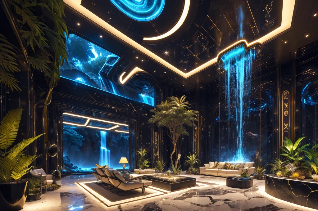 incredible luxurious futuristic interior in Ancient Egyptian style with many ((lush plants)) (lotus flowers), ((palm trees)), rocky walls, (sand), ((waterfalls)) (marble), ((precious minerals)), ((metals)), (gemstones), crystals, clouds and ((water)), ((futuristic luxury furniture)), ((plants made out of gemstones and precious minerals)), crocodiles, (hieroglyphics), (((ultra luxury))), (black marble) – with ((beautiful lights)), Unreal Engine, HQ, 16k