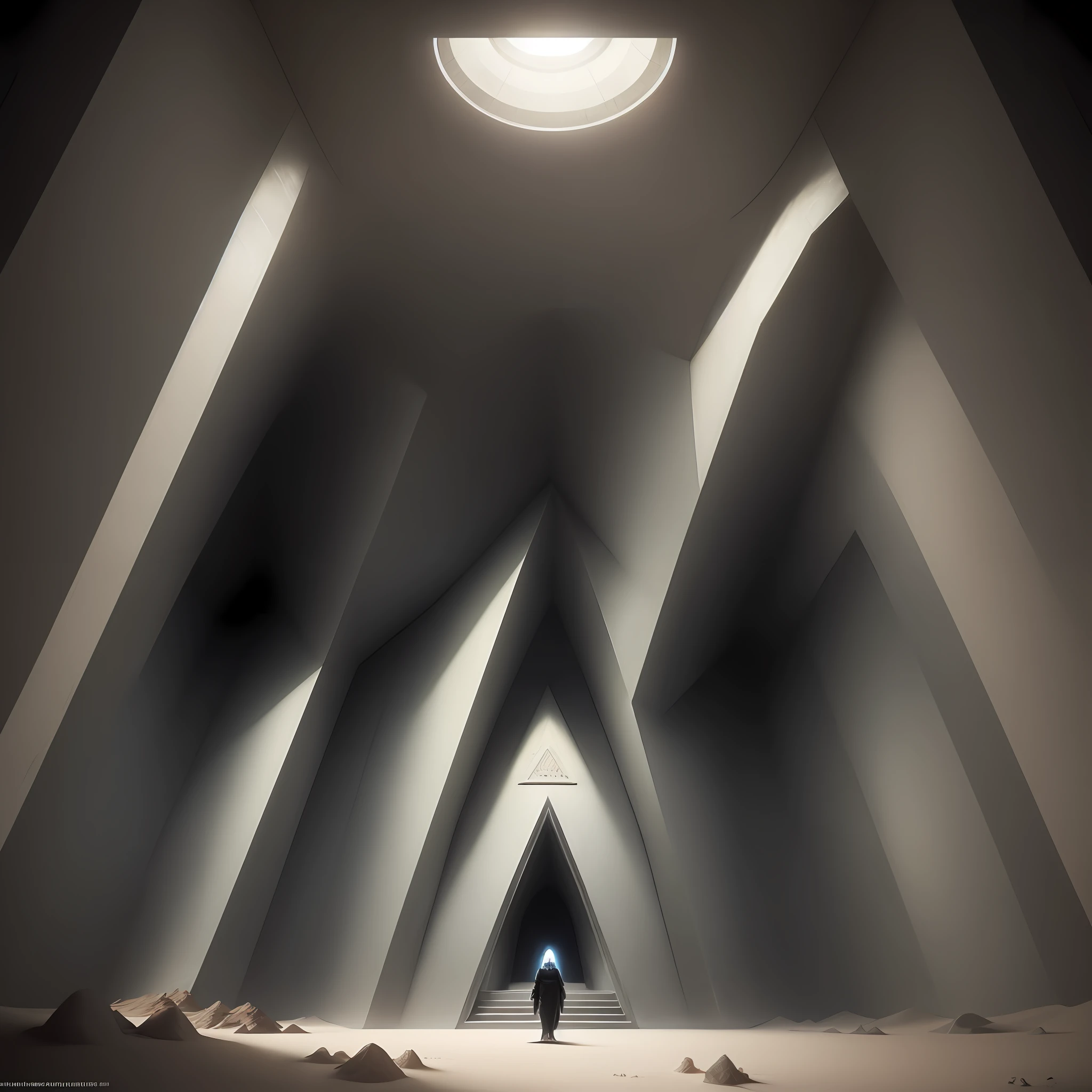 An underground abandoned mausoleum, the mausoleum presents an inverted pyramid style, full of cinematic, dune cinematic style