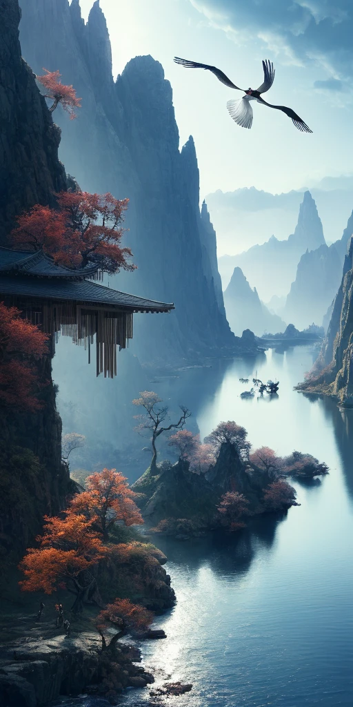 Masterpiece, best quality, high quality, extremely detailed CG unity 8k wallpaper, landscape, outdoor, sky, clouds, sky, no humans, mountains, landscape, water, trees, blue sky, waterfall, cliff, nature, lake, river, cloudy sky, award winning photography, bokeh, depth of field, HDR, bloom, chromatic aberration, realism, very detailed, trends on artstation, trends on CGsociety, intricacies, high detail, dramatic, midway art, red-crowned cranes soaring