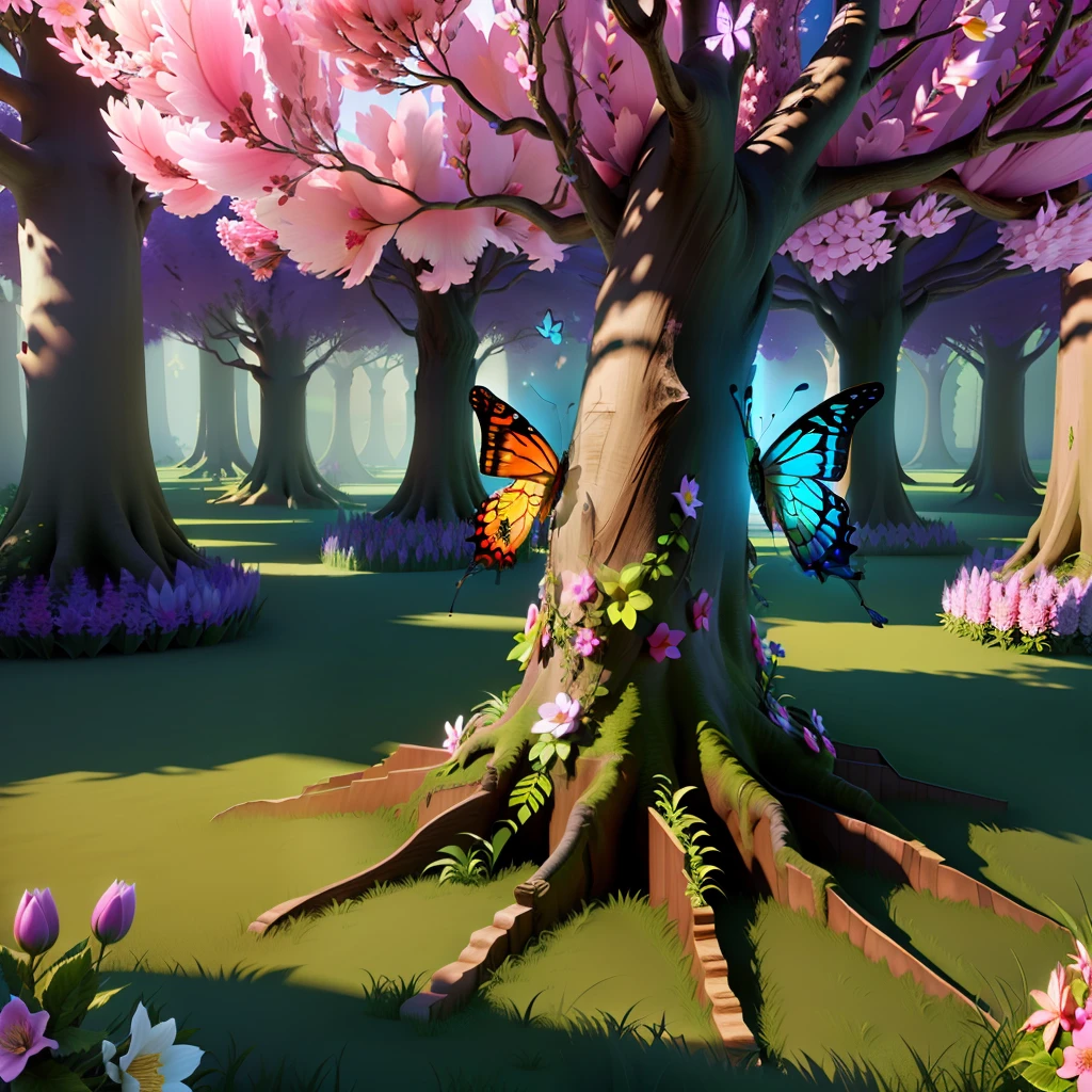 fantasy, 3D, tree trunk with colorful fairy and flowers on top, butterflies