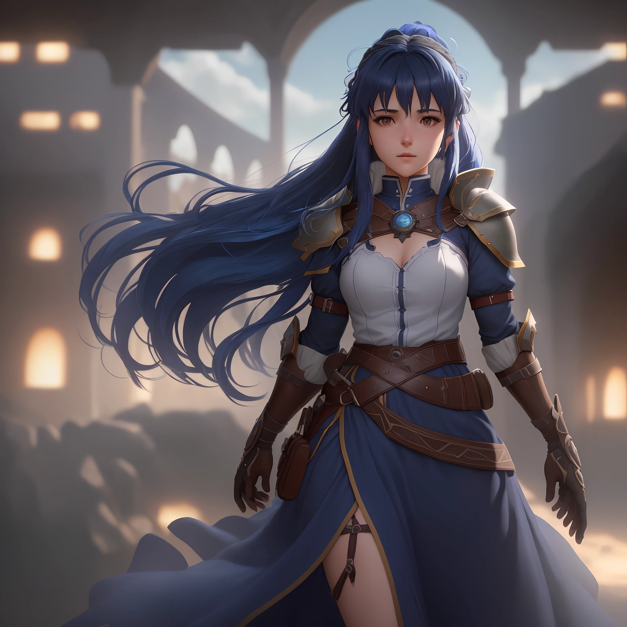 A female protagonist of a trails of a expeditions rome game (small breasts, dark blue hair), masterpiece, best quality, (extremely detailed unity 8k CG wallpaper), (best quality), (best illustration), (best shadow), absurdities, realistic lighting, (Abyss), beautiful detailed brightness,