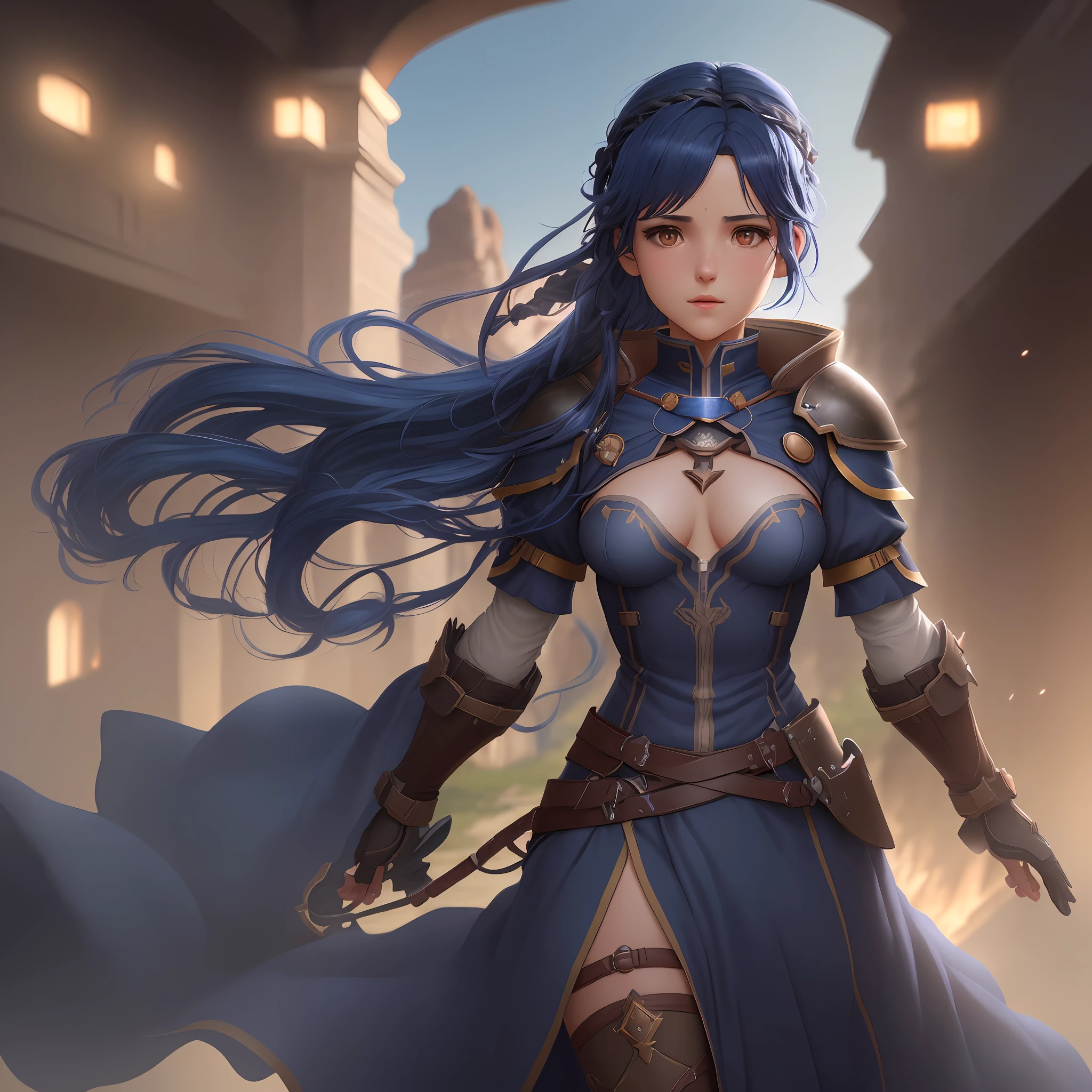 A female protagonist of a trails of a expeditions rome game (small breasts, dark blue hair), masterpiece, best quality, (extremely detailed unity 8k CG wallpaper), (best quality), (best illustration), (best shadow), absurdities, realistic lighting, (Abyss), beautiful detailed brightness,