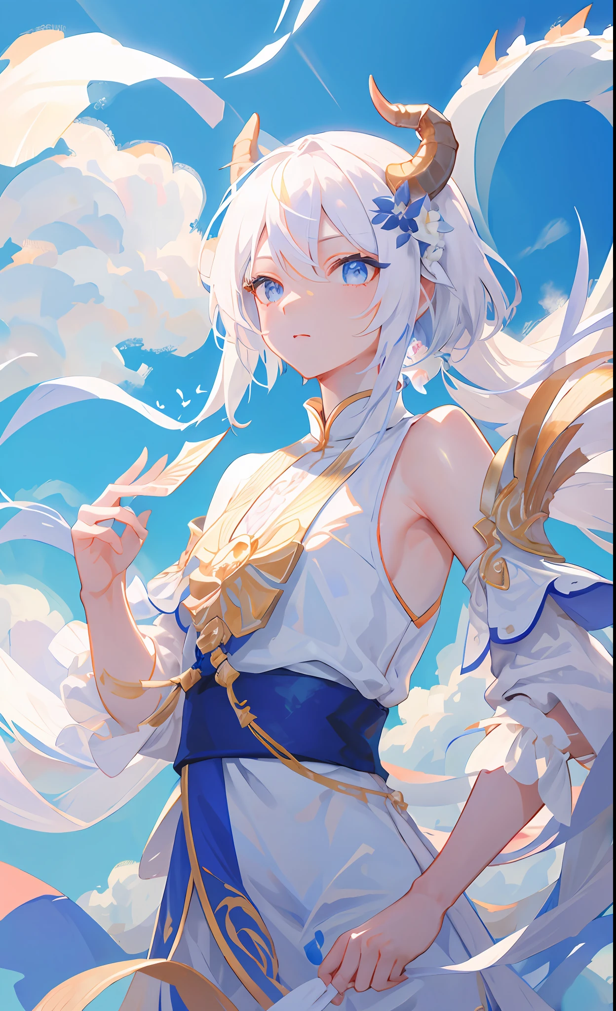 (Masterpiece), (Excellent), (Extremely Fine), White Dew, Straight Eyes, Spectator, Dragon Tail One, Horn Two, Upper Body, Flower, Streamer, White Cloud Blue Sky, Professional Posture