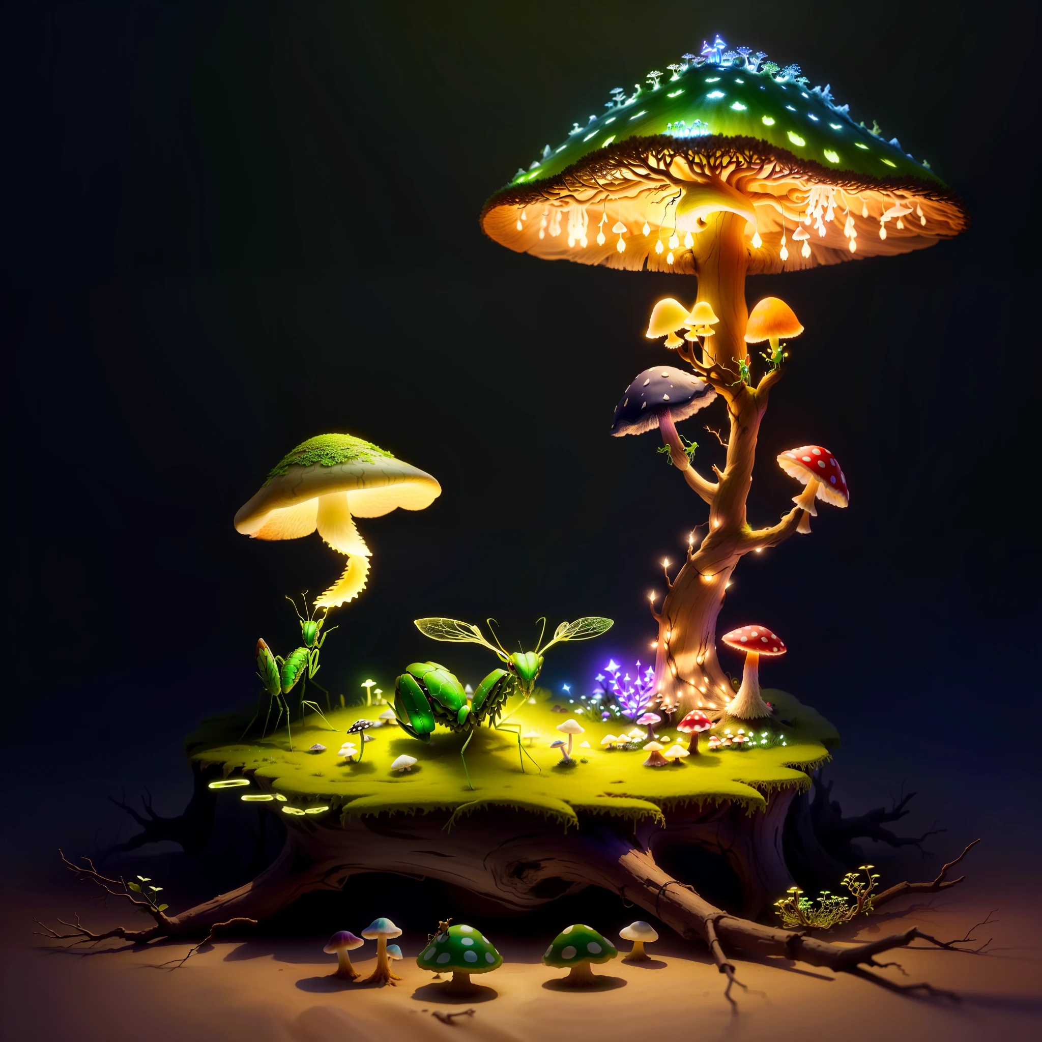 Fantasy, 3D, fallen tree trunk taken over by ants with mushrooms growing on the side, fairy lights on the botton and a Green Praying Mantis on the top