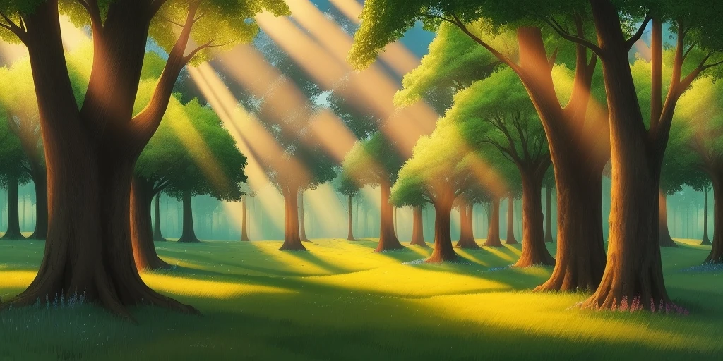 A beautiful meadow, full of freshly grown grass, surrounded by tall and sturdy trees, sunlight shining through the trees, which gives a unique feeling, Cartoon, High quality, super detail, 1080P