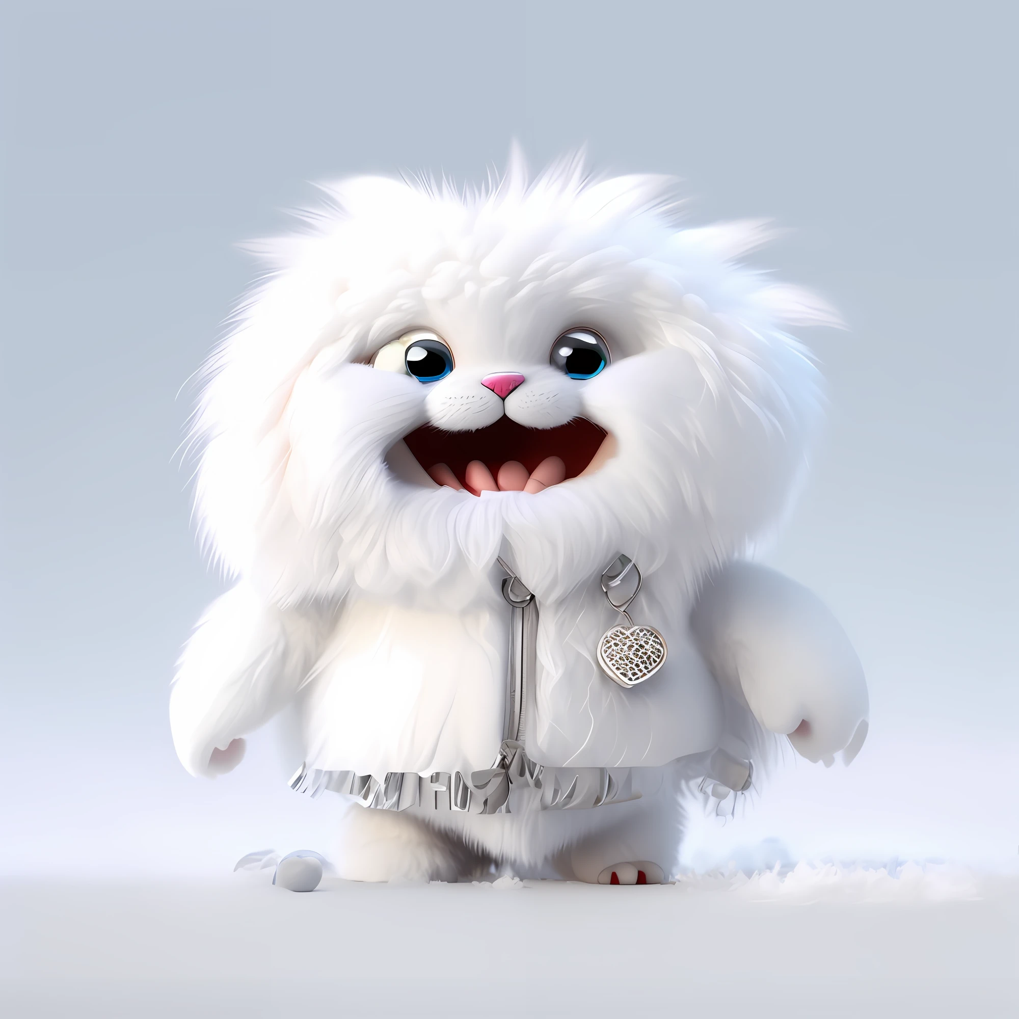 There is a white furry monster, cute 3D rendering, furry monster, cute monster, cute monster character design, cute cartoon character, plush mascot, realistic, furry, non-human.
