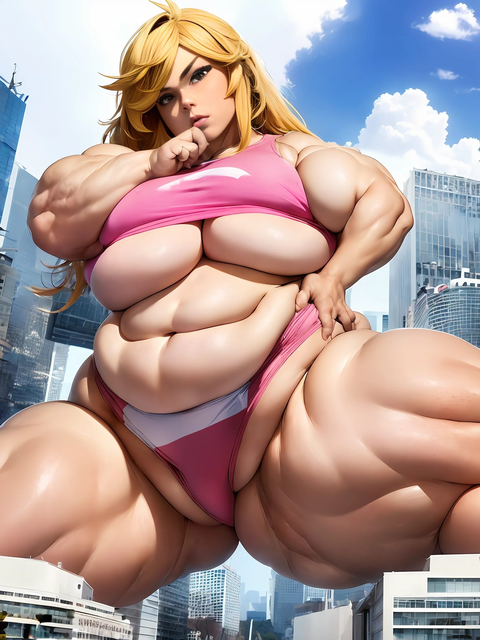 most strongest pose, exaggeratedly large physique, (((feminine and muscular))), muscular ultraviolent woman, hypermuscle, strong and fat, strongfat, big jiggly belly, enormous hips, thick thighs, (((1girl))), beautiful, feminine face, (((giantess, giantess art))), looming over miniature city