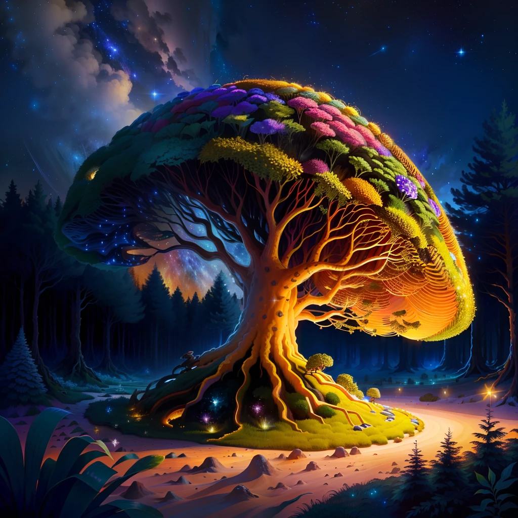 an anthill held by sippos in a forest, realistic with vivid colors in a starry sky
