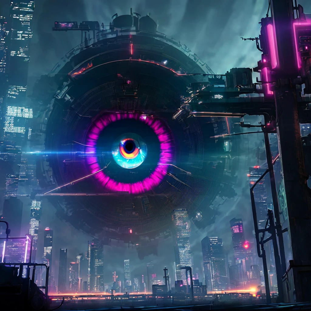 (Masterpiece, Ultra High Quality, Cyberpunk City, Train, Cthulhu Mythos, Depth of Field) + (Giant Eyes: 1.2)